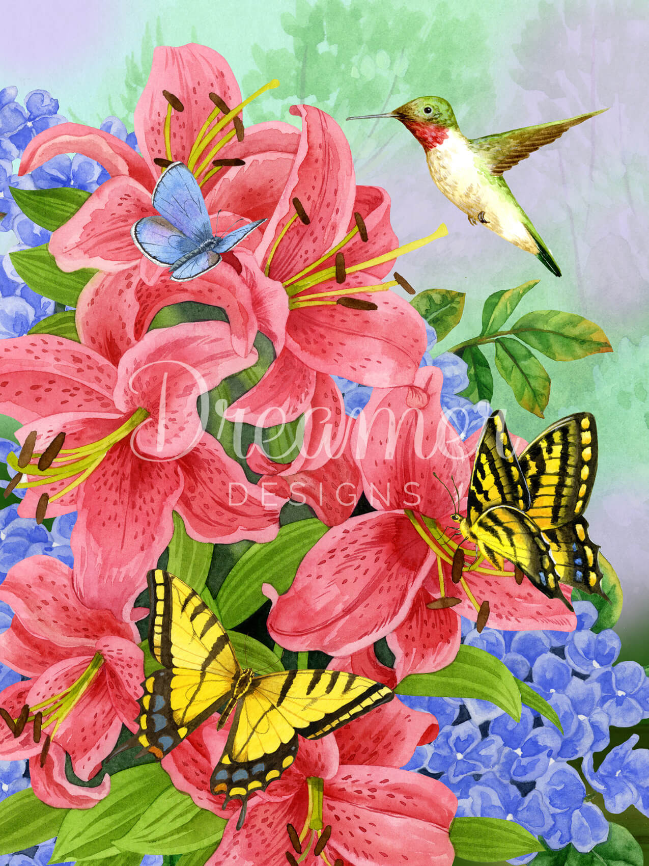 Swallowtails and Hummingbird