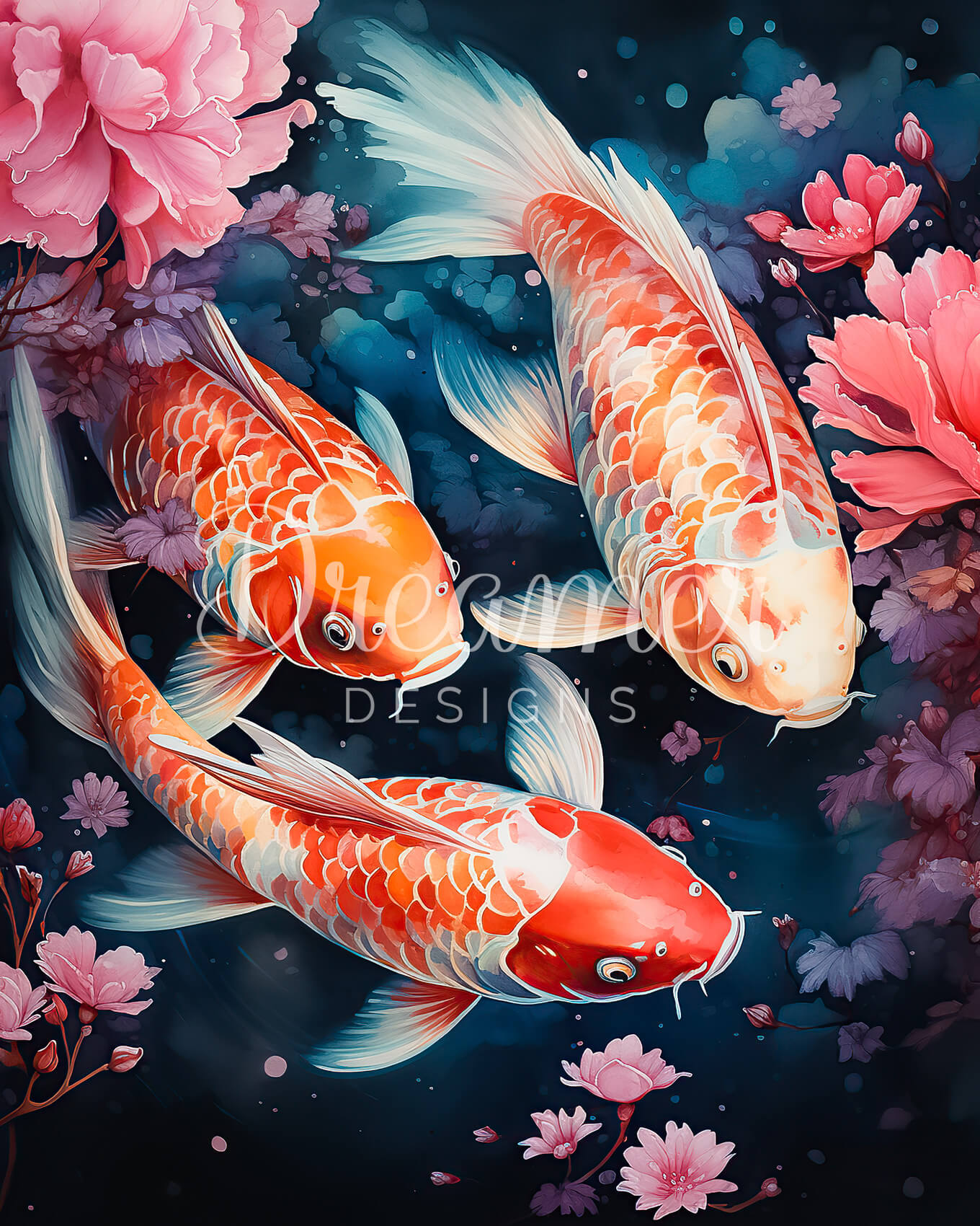 Koi Carp And Peach Flowers