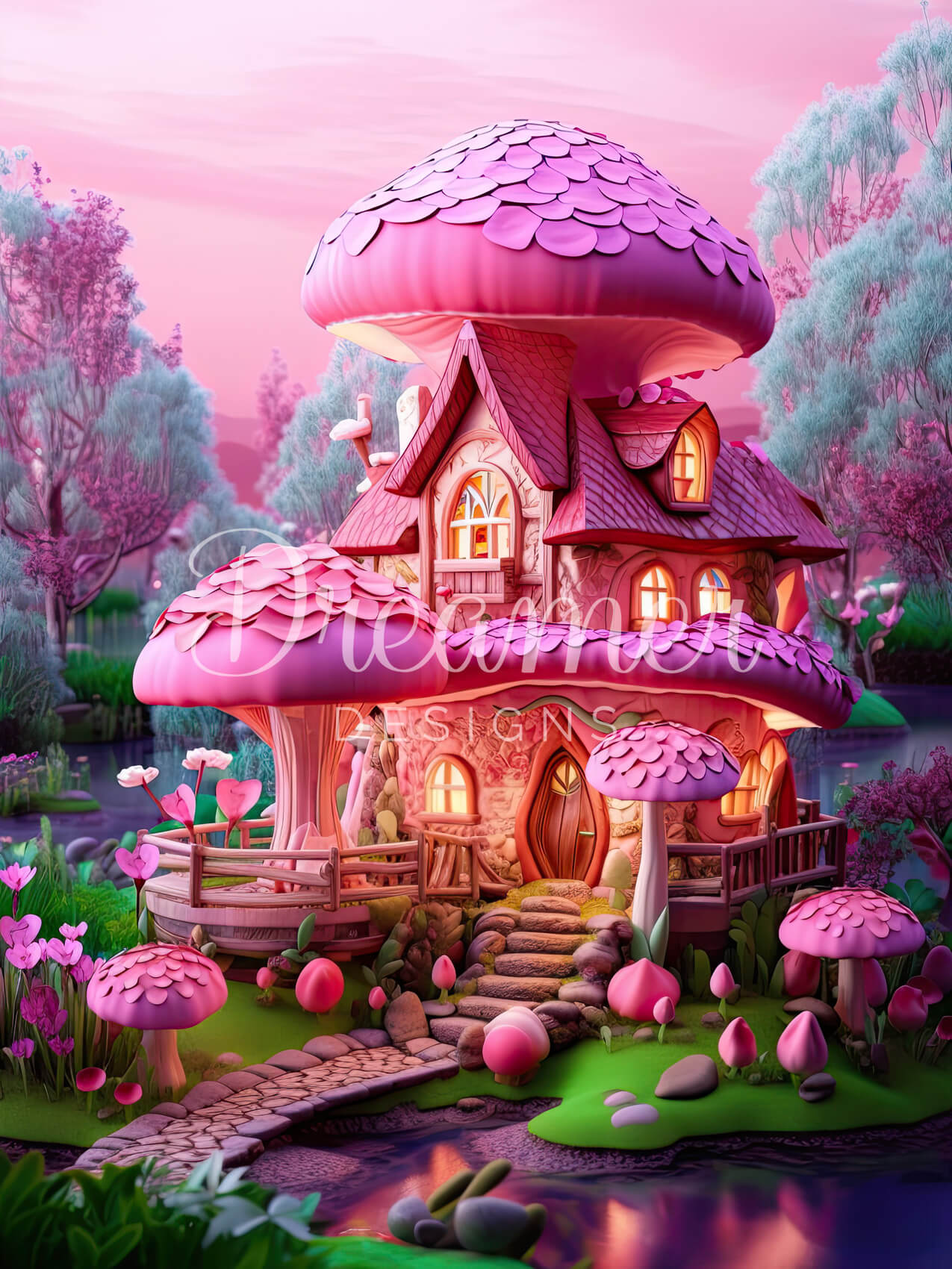 5D Diamond Painting Pink Mushroom House DIY Diamond Painting Kit Picture  Cross Stitch Painting Kit for Home Wall and Entrance Decoration 16x24  Inches 