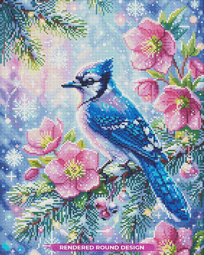 Blue Jay in Blossoming Snow