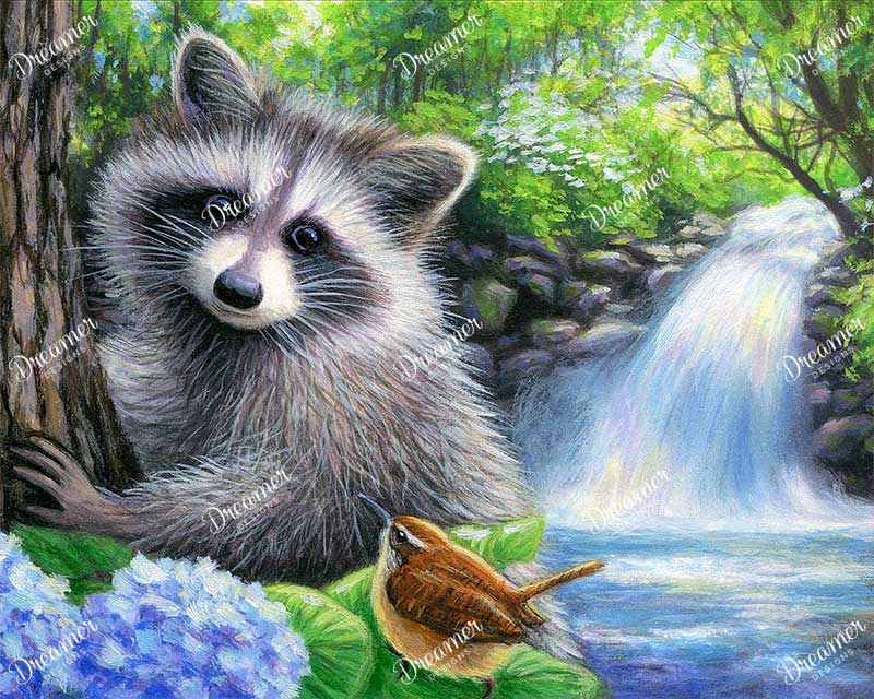 Woodland Friends by the Waterfall
