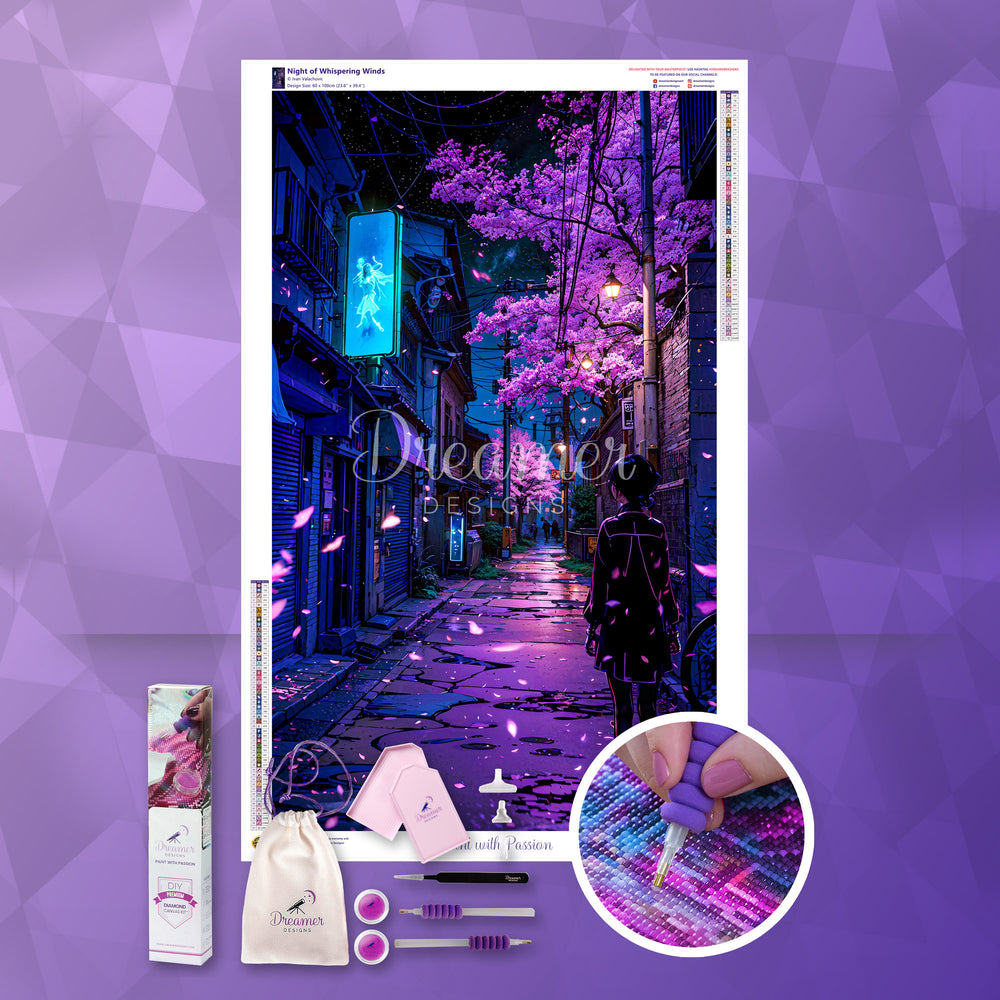 Night of Whispering Winds purple-toned graphic artwork showing stylized wind patterns