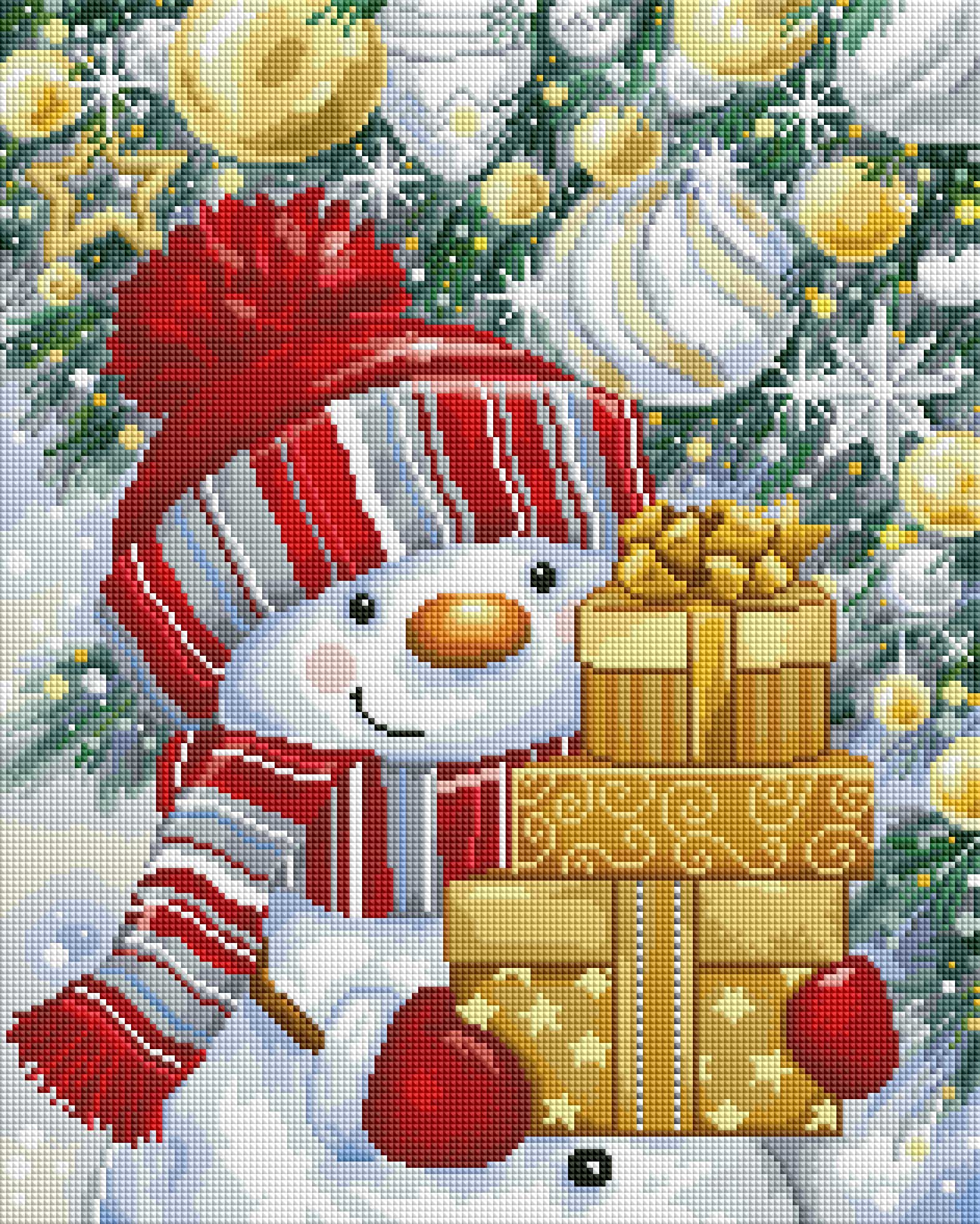 Snowman with Gold and Silver Presents
