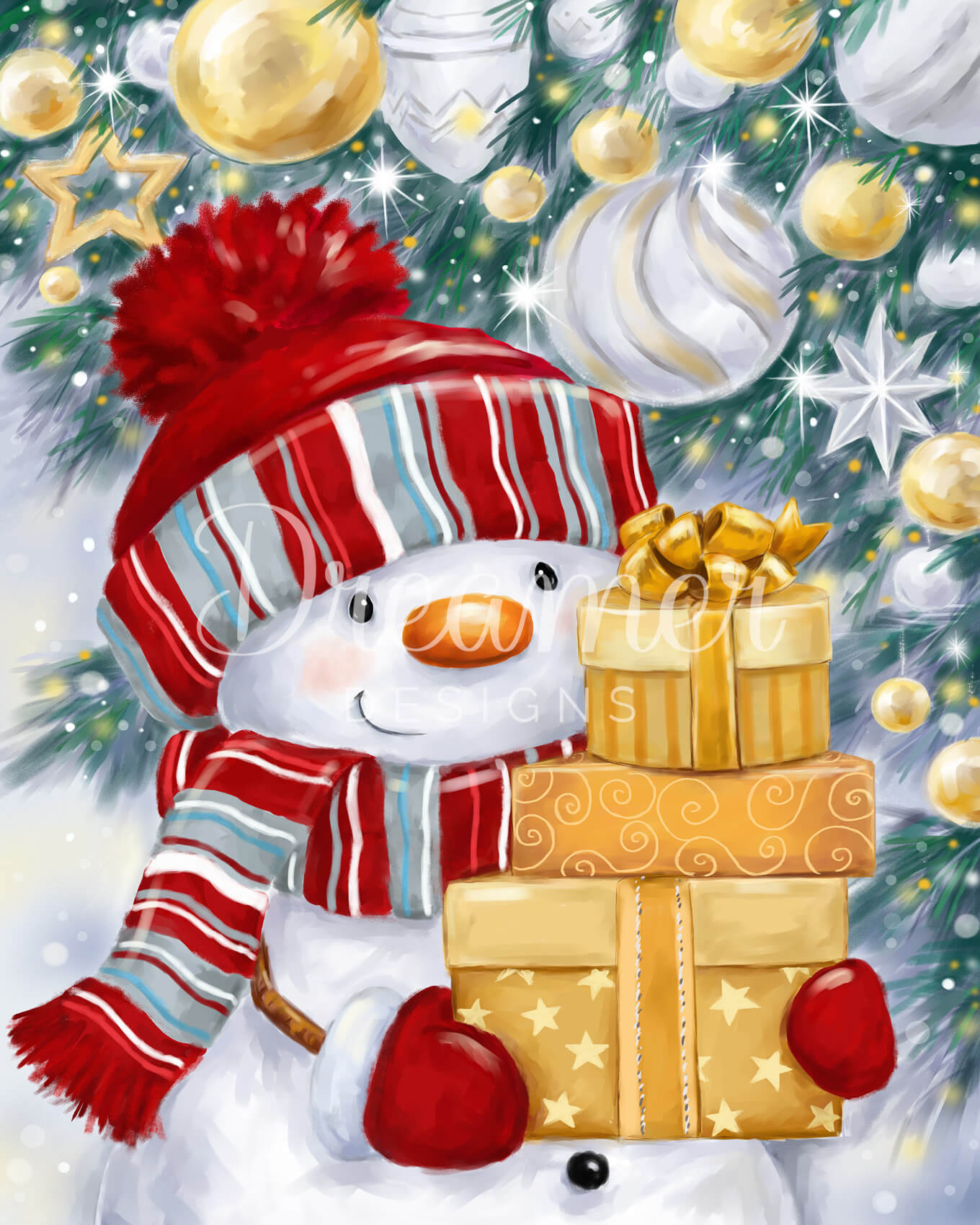 Snowman with Gold and Silver Presents